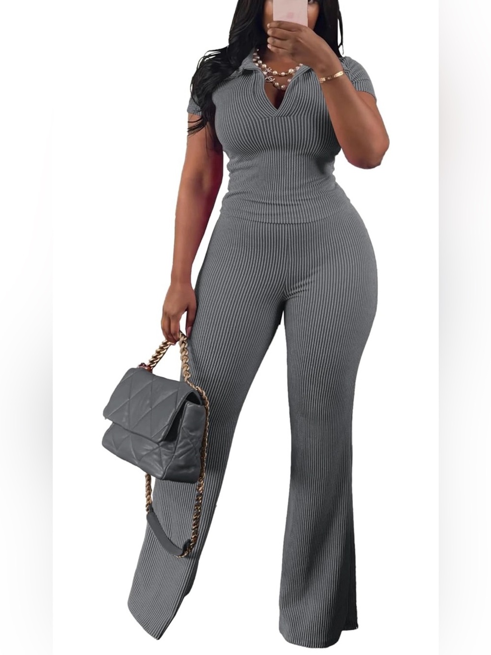 Ribbed Knit Wide-Leg Two Piece Pants Set - Gray